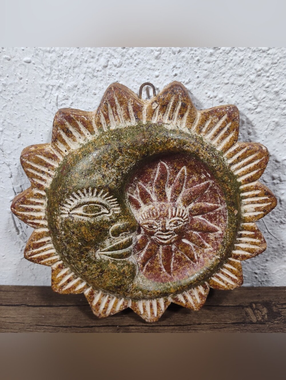 Vintage Mexican Sun And Moon Face Wall Hanging Folk Art